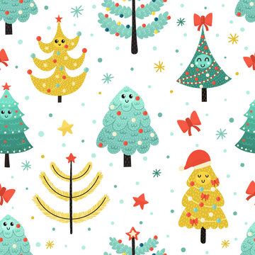 Happy Christmas trees seamless pattern