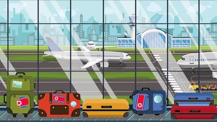 Suitcases with North Korea flag stickers on baggage carousel in airport. Tourism related loopable cartoon animation