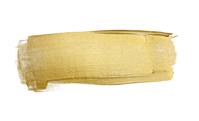 Gold (bronze) glittering color smear brush stroke stain blot on white background. Abstract Paint texture.