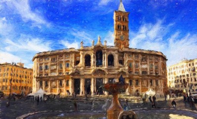 Fototapeta premium Digital realistic oil painting art scene of european building and architecture. Historical famouse touristic city place view. Impressionism large size canvas or paper print, postcard and stationery.