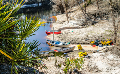 Canoes & gear ready on blackwater river