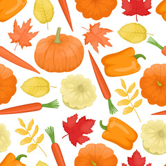 Seamless pattern with autumn vegetables. Pumpkin, squash, pepper, carrots, and autumn leaves. Harvest. Flat vector background