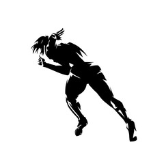 Sprinting woman, abstract runner silhouette, isolated vector drawing. Rear view