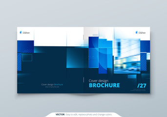 Blue Square Brochure Cover Template Layout Design. Corporate Business Horizontal Brochure, Annual Report, Catalog, Magazine, Flyer Mockup. Creative Modern Bright Brochure Concept with Square Shapes