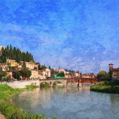 Fototapeta na wymiar Digital realistic oil painting art scene of european building and architecture. Historical famouse touristic city place view. Impressionism large size canvas or paper print, postcard and stationery.
