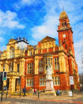 Digital realistic oil painting art scene of european building and architecture. Historical famouse touristic city place view. Impressionism large size canvas or paper print, postcard and stationery.