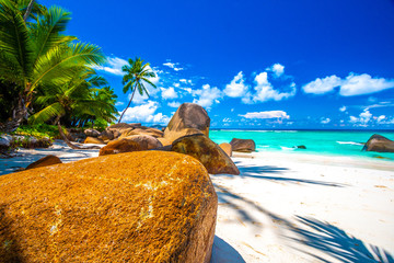 Typical beach in Seychelles with granite rocks