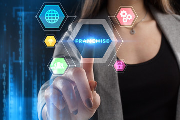 The concept of business, technology, the Internet and the network. A young entrepreneur working on a virtual screen of the future and sees the inscription: Franchise