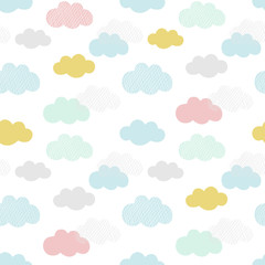 Vector clouds pattern. Hand drawn seamless background with colorful clouds. Scandinavian style print for babies and kids.