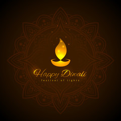 Happy diwali vector holiday illustration. Design template on dark background. Diwali festive card with golden lamp symbol. Dark background with mandala. Vector holiday illustration