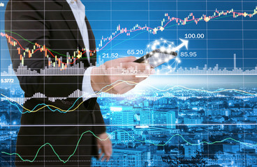 Businessmen analyze graphs with computers, smartphones and tablet technology social networks.