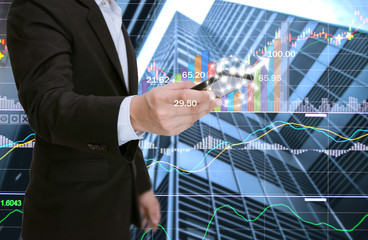 Businessmen analyze graphs with computers, smartphones and tablet technology social networks.