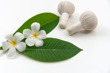 Obraz na płótnie Canvas Frangipani plumeria Spa Flower and aroma body care on white wooden, soft focus