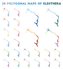 Set of vector polygonal maps of Eleuthera. Bright gradient map of island in low poly style. Multicolored Eleuthera map in geometric style for your infographics.