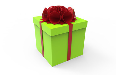 Green Gift box with red ribbon bow isolated on white background