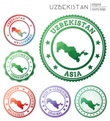 Uzbekistan badge. Colorful polygonal country symbol. Multicolored geometric Uzbekistan logos set. Vector illustration.