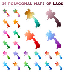 Set of vector polygonal maps of Laos. Bright gradient map of the country in low poly style. Multicolored Laos map in geometric style for your infographics.