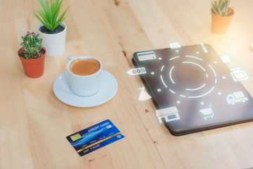 Tablet with icons shopping online, shopping online concept.