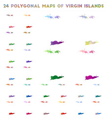 Set of vector polygonal maps of Virgin Islands. Bright gradient map of island in low poly style. Multicolored Virgin Islands map in geometric style for your infographics.