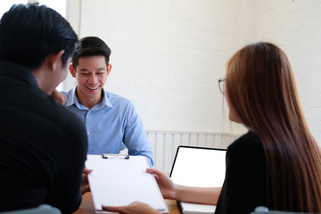 human resource team interviewing candidate for job vacancy. applicant explaining profile for career recruitment