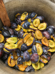 cut damson plums in a saucepan in order to prepare jam