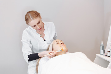 Beautician smears the skin with a rejuvenating serum of the face of her client woman with a brush. The concept of modern anti-aging procedures in the beauty salon