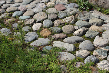 Garden path lined with stone closeup