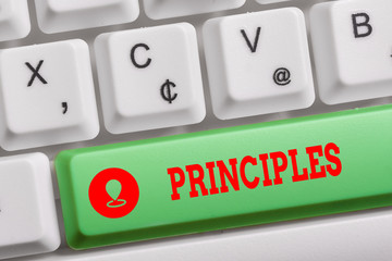Conceptual hand writing showing Principles. Concept meaning fundamental truth that serves as the base for a system of belief Keyboard with note paper on white background key copy space