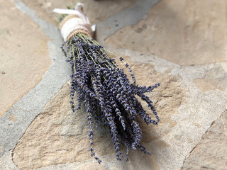 Bouquet of lavender on stone table 