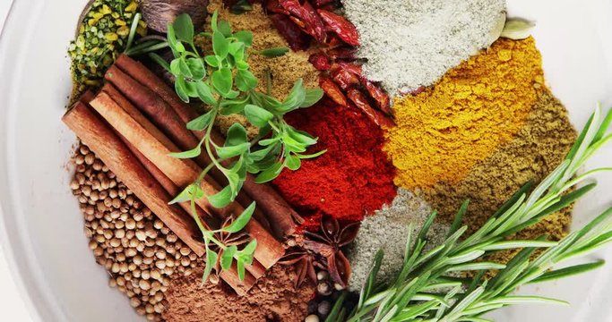 Different kind of spices in bowl for cooking. Top view 