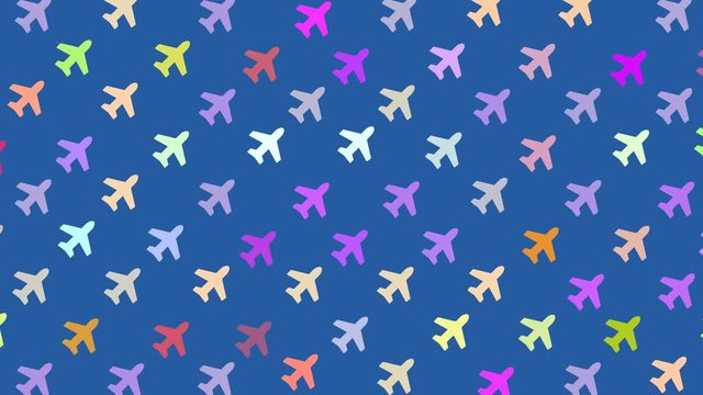 Colorful pop simple modern wallpaper with airplane symbol in a geometric pattern on a blue background - loop with alpha channel