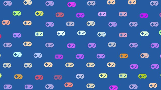 Gaming symbol pattern of colorful video game controllers in a geometric animated mosaic on a blue background - loop with alpha channel