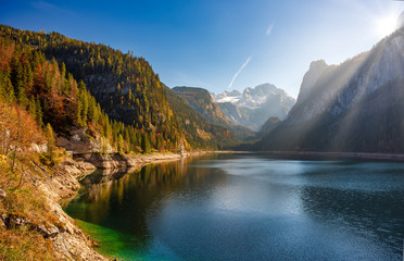 Autumn scenery of Gosausee lake with Dachstein glacier on background. Salzkammergut region, Upper Austria © haidamac