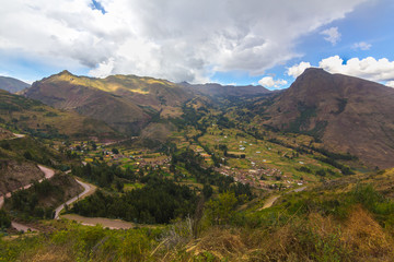 Panoramic landscape in the Sacred Valley of the Incas, Pisac, Peru.