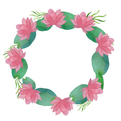 Watercolor pink lotus round frame on white background