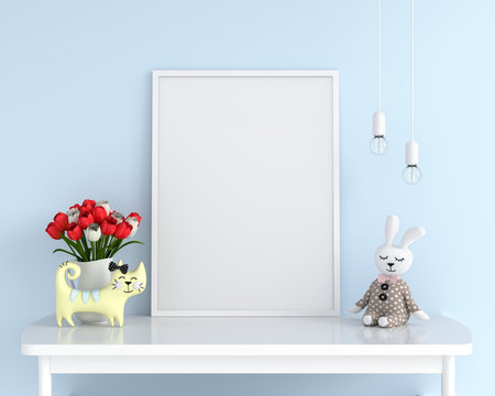 Empty photo frame for mockup on table, 3D rendering