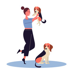 Young smiling woman holding a puppy while adult dog sitting beside. Dogbreeder concept. Isolated flat cartoon vector illustration.