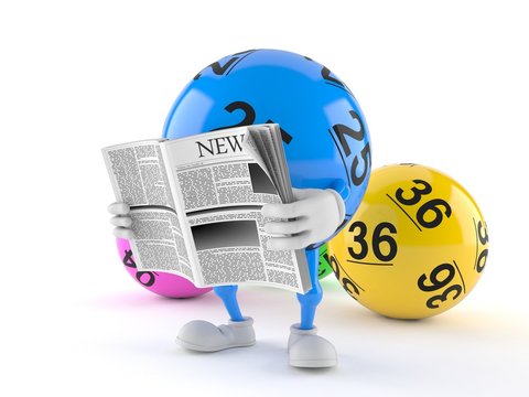 Lotto ball character reading newspaper
