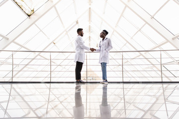 Full body portrait of two medical people handshaking in hospital