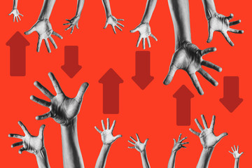 group of hands showing up and down and arrows between them against red background