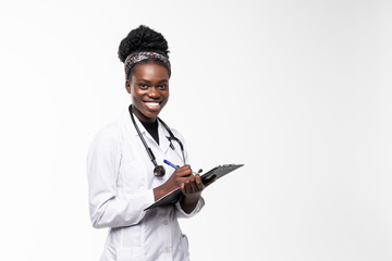 Portrait confident African American female doctor medical white background