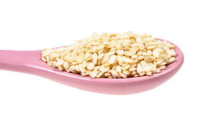 side view of ceramic spoon with sesame close-up