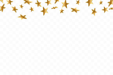 3d Star Falling. Gold Yellow Starry on transparent Background. Vector Confetti Star Background. Golden Starlit Card. Confetti Fall Chaotic Decor.