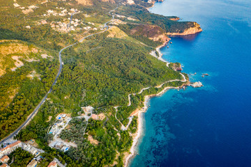 aerial view on the Adriatic coast in Montenegro. View of the road, houses and beaches