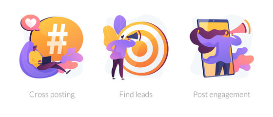 Modern promotion methods icons set. Marketing network. SMM business, customer attraction campaign. Cross-posting, find leads, post engagement metaphors. Vector isolated concept metaphor illustrations
