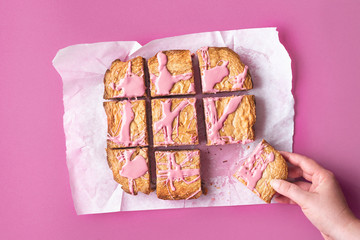 Sliced pink brownie. Ruby chocolate cake in slices