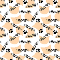Seamless pattern with meow lettering and cat head. Black and orange drawing on white background. Vector illustration.
