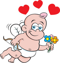Cartoon illustration of baby cupid with a bow and holding flowers and surrounded by hearts.
