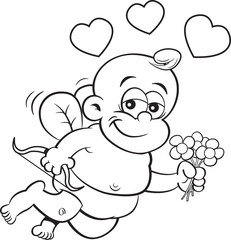 Black and white illustration of baby cupid with a bow and holding flowers and surrounded by hearts.