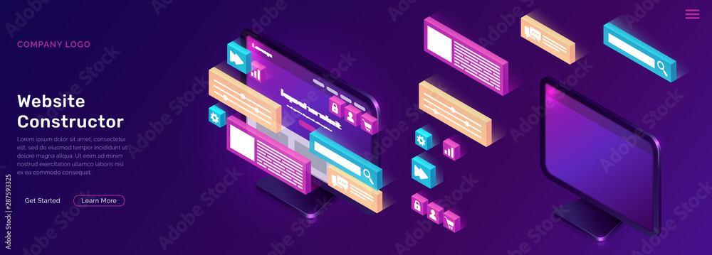 Poster website constructor isometric concept vector illustration. software landing page template for creati